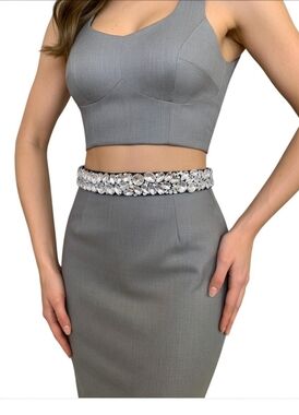 Boston Proper Black Crystal Embellished Elastic Waist Belt 1.5" Size 30-34 NWT